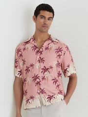 Reiss Pink Madrona Palm-Print Cuban-Collar Shirt - Image 1 of 6