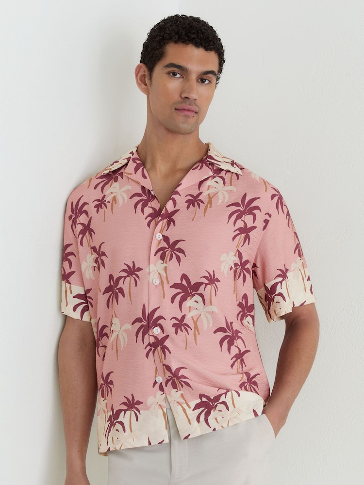 Reiss Pink Madrona Palm-Print Cuban-Collar Shirt - Image 1 of 6