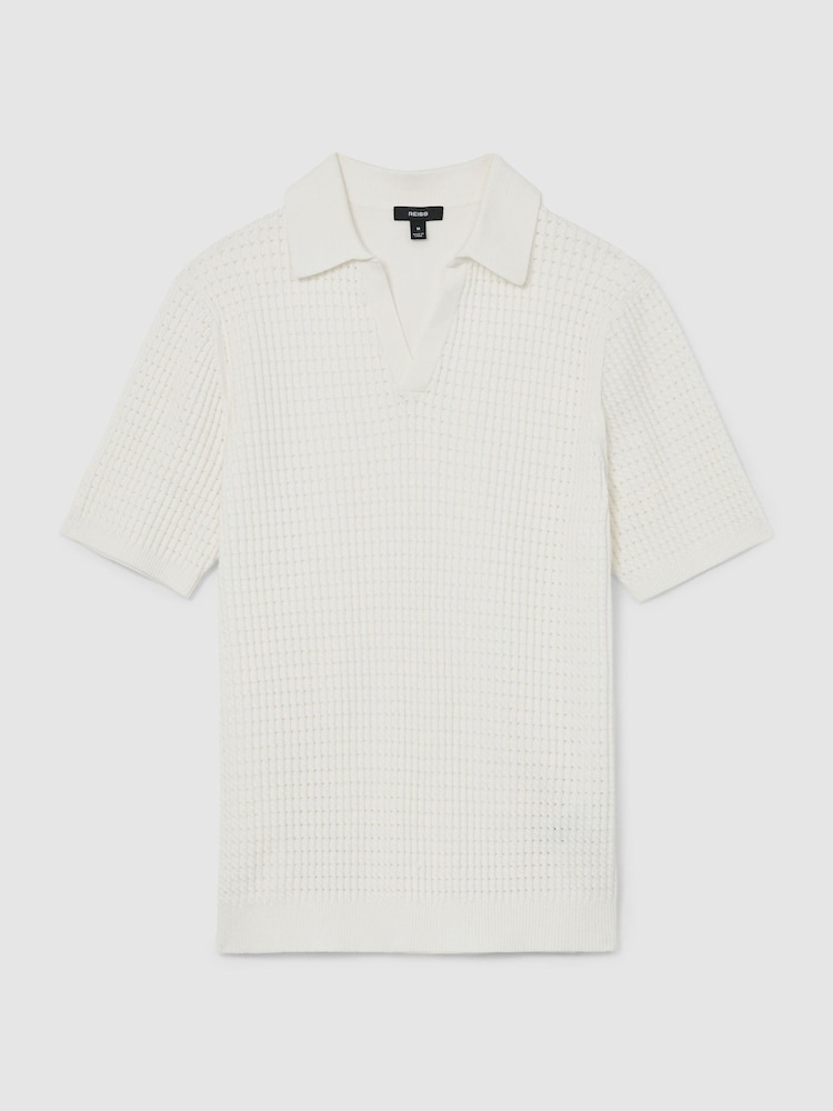 Reiss White Merit Micro-Cable Knit Open-Collar Polo - Image 2 of 6 Reiss White Merit Micro-Cable Knit Open-Collar Polo - Image 2 of 6