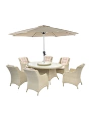 Bramblecrest Sandstone Woodchester Elliptical Table with 6 Dining Armchairs and Parasol - Image 6 of 6
