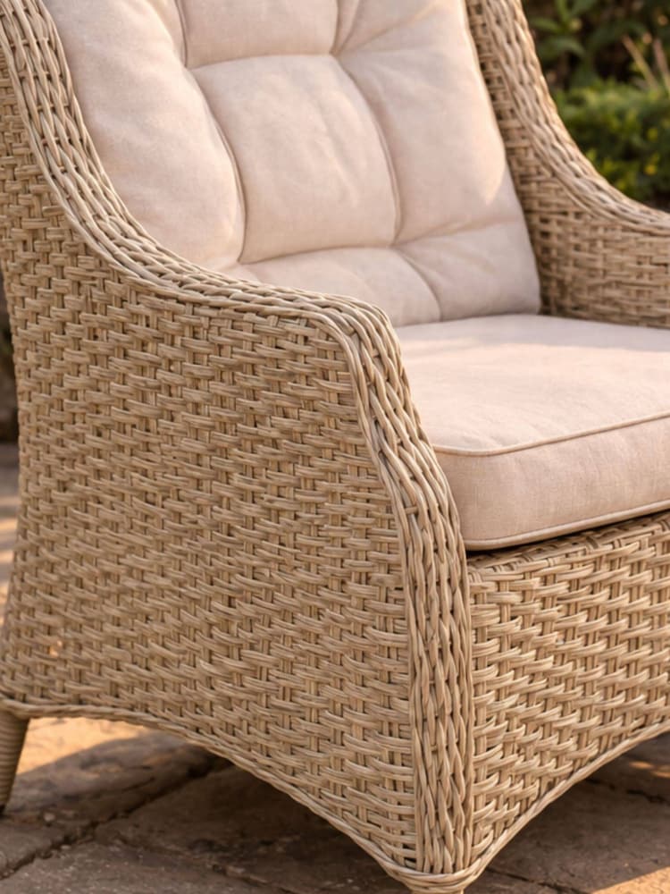 Bramblecrest Sandstone Woodchester Rectangle Table with 8 Dining Armchair and Parasol - Image 2 of 5