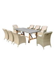 Bramblecrest Sandstone Woodchester Rectangle Table with 8 Dining Armchair and Parasol - Image 4 of 5