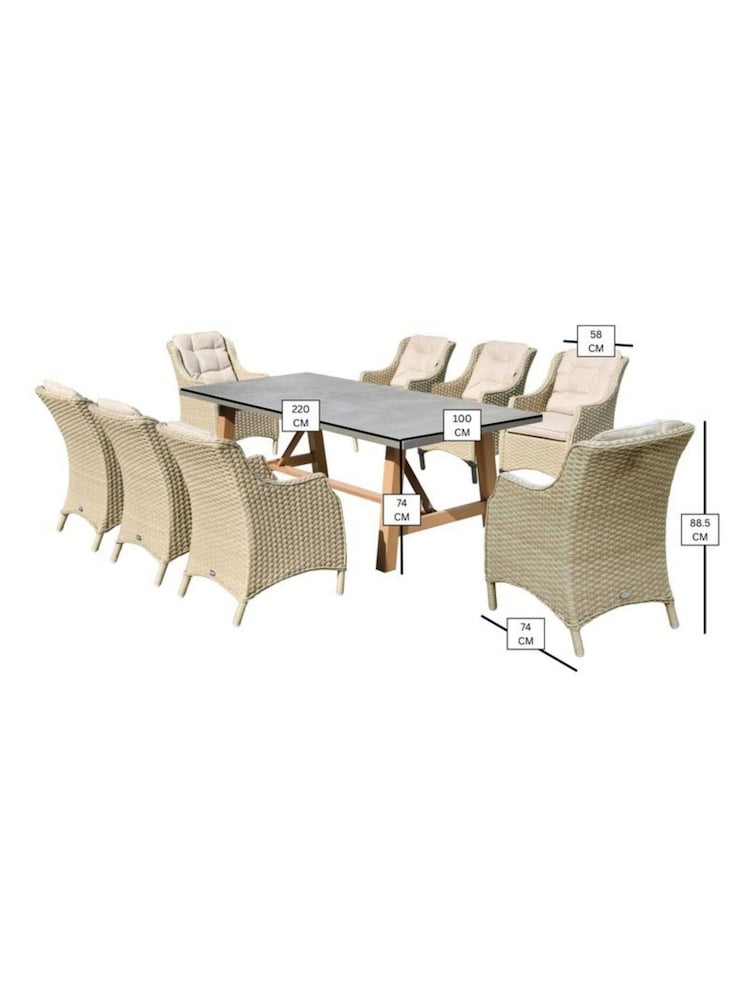 Bramblecrest Sandstone Woodchester Rectangle Table with 8 Dining Armchair and Parasol - Image 5 of 5
