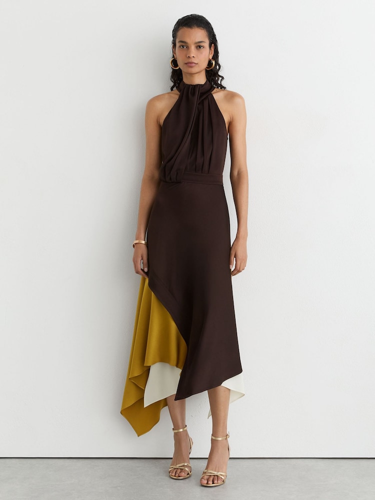 Reiss Burgundy/Green Bianca Colour-Block Layered Midi Dress - Image 1 of 8 Reiss Burgundy/Green Bianca Colour-Block Layered Midi Dress - Image 1 of 8