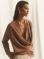 Reiss Camel Lauren Matte Silk Draped Shirt - Image 1 of 8