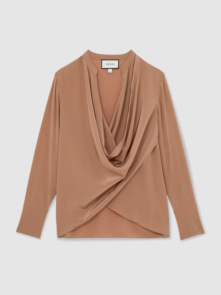 Reiss Camel Lauren Matte Silk Draped Shirt - Image 2 of 8