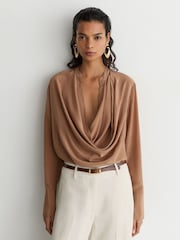 Reiss Camel Lauren Matte Silk Draped Shirt - Image 3 of 8