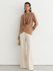 Reiss Camel Lauren Matte Silk Draped Shirt - Image 4 of 8