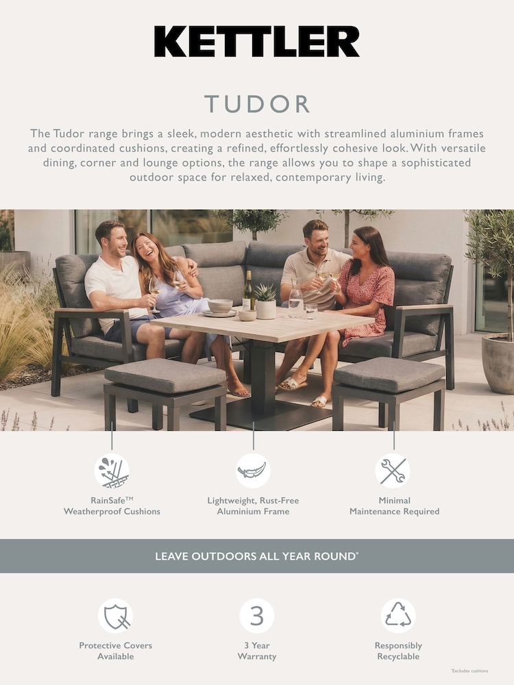 Kettler Anthracite Grey Tudor Garden 4 Seater Reclining Set with Parasol a Base - Image 7 of 7