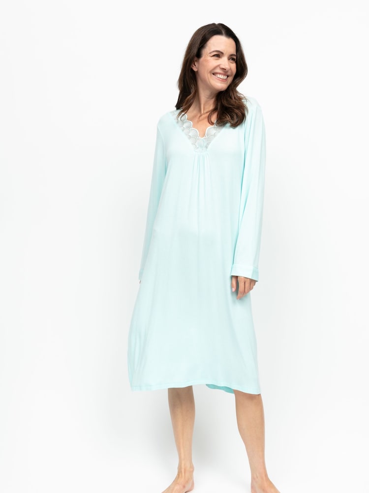Nora Rose Blue Solid Modal Lycra Jersey V-Neck Scalloped Lace Long Sleeve Short Nightdress - Image 1 of 3 Nora Rose Blue Solid Modal Lycra Jersey V-Neck Scalloped Lace Long Sleeve Short Nightdress - Image 1 of 3