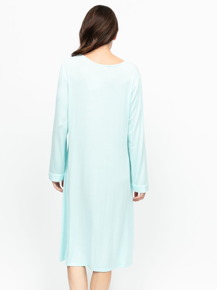 Nora Rose Blue Solid Modal Lycra Jersey V-Neck Scalloped Lace Long Sleeve Short Nightdress - Image 2 of 3 Nora Rose Blue Solid Modal Lycra Jersey V-Neck Scalloped Lace Long Sleeve Short Nightdress - Image 2 of 3
