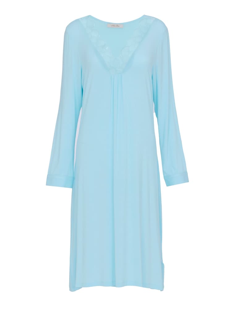 Nora Rose Blue Solid Modal Lycra Jersey V-Neck Scalloped Lace Long Sleeve Short Nightdress - Image 3 of 3 Nora Rose Blue Solid Modal Lycra Jersey V-Neck Scalloped Lace Long Sleeve Short Nightdress - Image 3 of 3