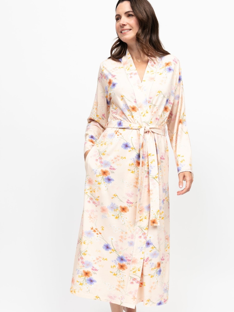 Nora Rose Pink Floral Printed Jersey Lace Trim Long Dressing Gown - Image 2 of 4 Nora Rose Pink Floral Printed Jersey Lace Trim Long Dressing Gown - Image 2 of 4