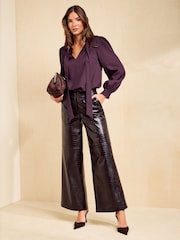 Friends Like These Burgundy Long Sleeve Tie Neck Blouse With Shirred Cuffs - Image 3 of 5