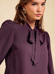 Friends Like These Burgundy Long Sleeve Tie Neck Blouse With Shirred Cuffs - Image 4 of 5