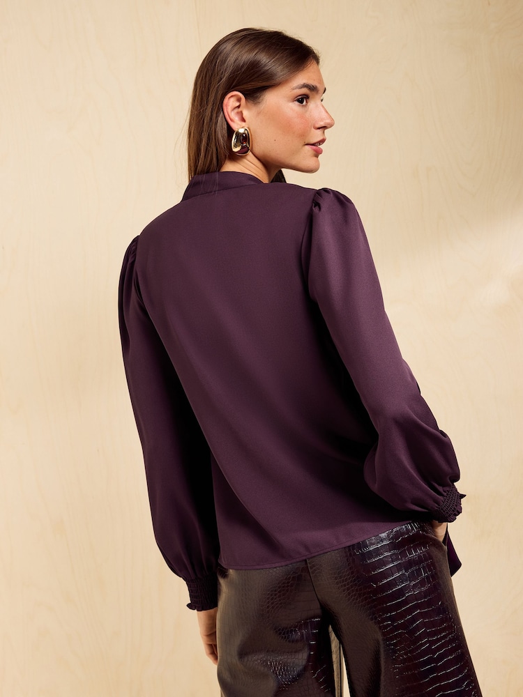 Friends Like These Burgundy Long Sleeve Tie Neck Blouse With Shirred Cuffs - Image 5 of 5