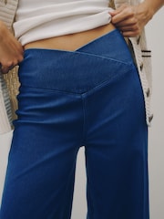 Dark Blue Wrap Waist Jersey Denim Wide Leg Trousers - Image 5 of 9