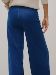 Dark Blue Wrap Waist Jersey Denim Wide Leg Trousers - Image 6 of 9