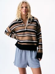Lipsy Camel Stripe Knitted Wool Blend Rugby Jumper - Image 1 of 4