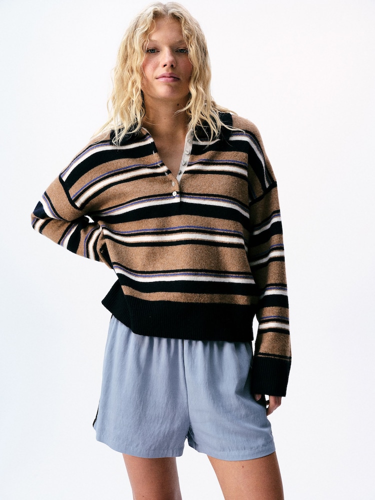 Lipsy Camel Stripe Knitted Wool Blend Rugby Jumper - Image 1 of 4 Lipsy Camel Stripe Knitted Wool Blend Rugby Jumper - Image 1 of 4