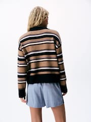 Lipsy Camel Stripe Knitted Wool Blend Rugby Jumper - Image 2 of 4