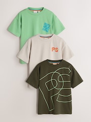 Paul Smith Junior Green/Ecru Graphic T-Shirts 3 Pack - Image 1 of 8