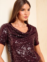 Friends Like These Red Short Sleeve Cowl Neck Sequin Blouse - Image 1 of 5