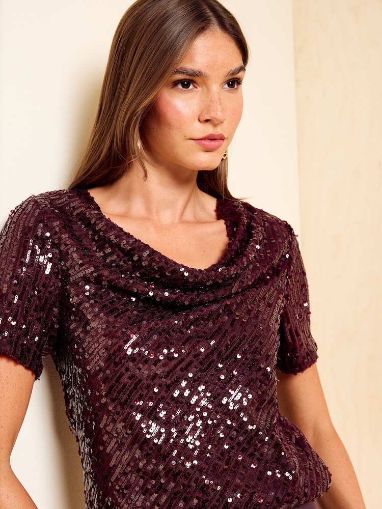 Friends Like These Red Short Sleeve Cowl Neck Sequin Blouse - Image 1 of 5