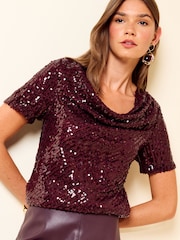 Friends Like These Red Short Sleeve Cowl Neck Sequin Blouse - Image 4 of 5