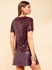 Friends Like These Red Short Sleeve Cowl Neck Sequin Blouse - Image 5 of 5