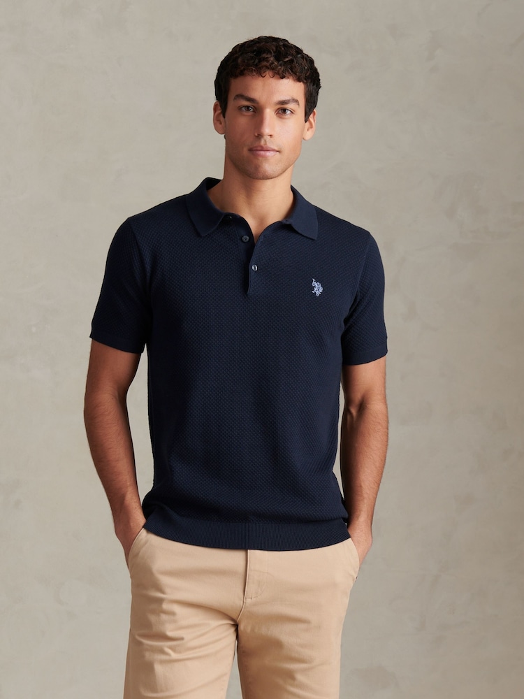 U.S. Polo Assn Navy Moss Stitch Knit Polo Shirt - Image 1 of 8