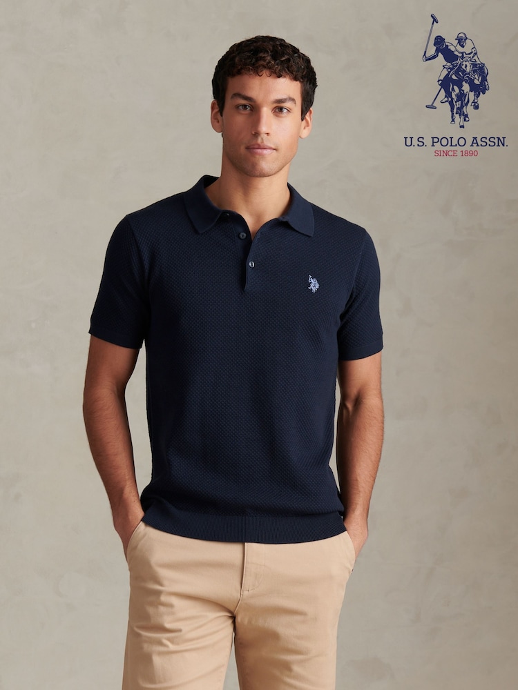 U.S. Polo Assn Navy Moss Stitch Knit Polo Shirt - Image 8 of 8
