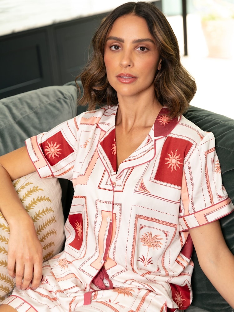 Fable and Eve Cream Postcard Print Short Sleeve Shorty Set - Image 1 of 4 Fable and Eve Cream Postcard Print Short Sleeve Shorty Set - Image 1 of 4