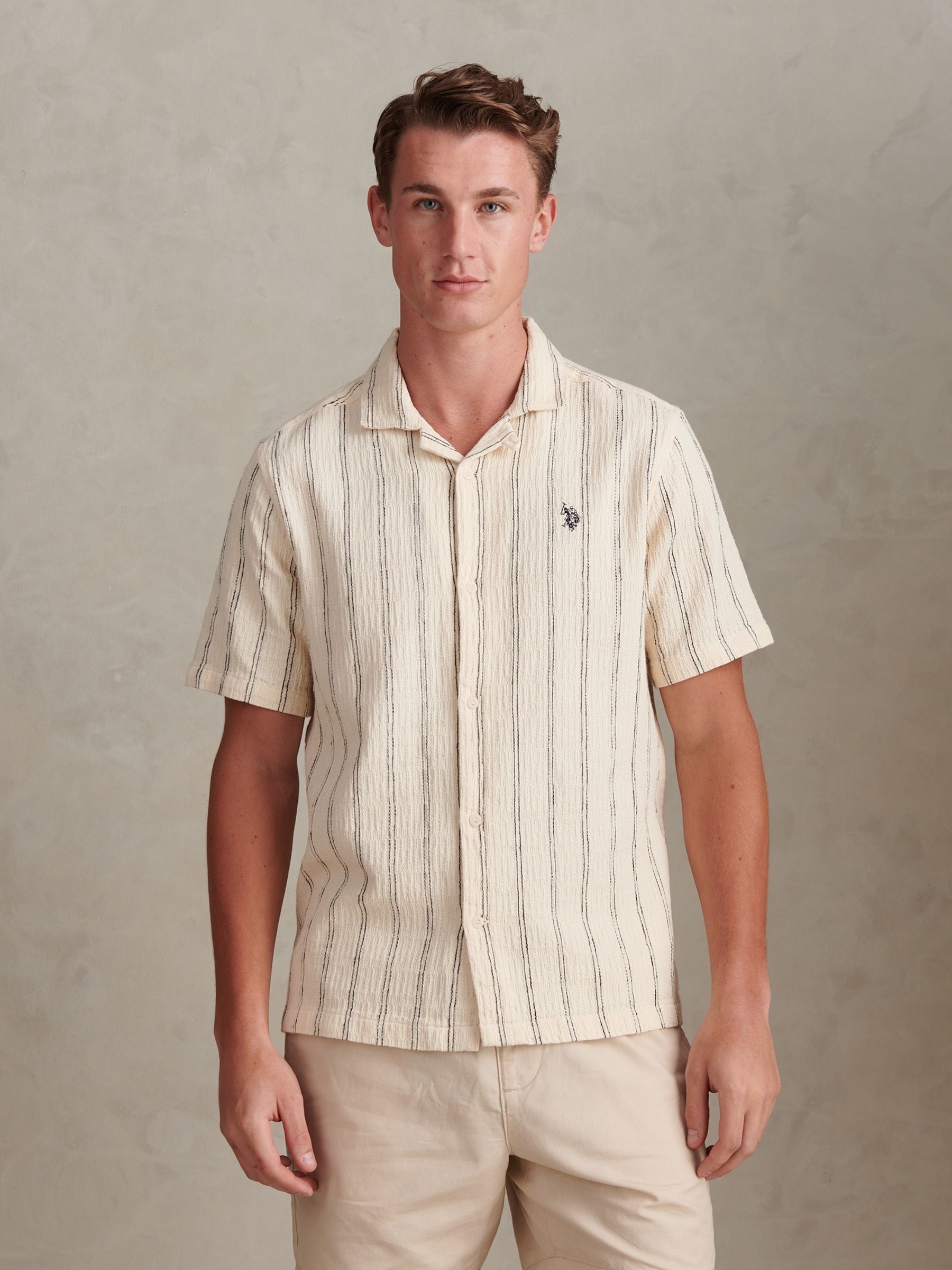 Buy U.S. Polo Assn Natural Stripe Open Collar Short Sleeve Shirt