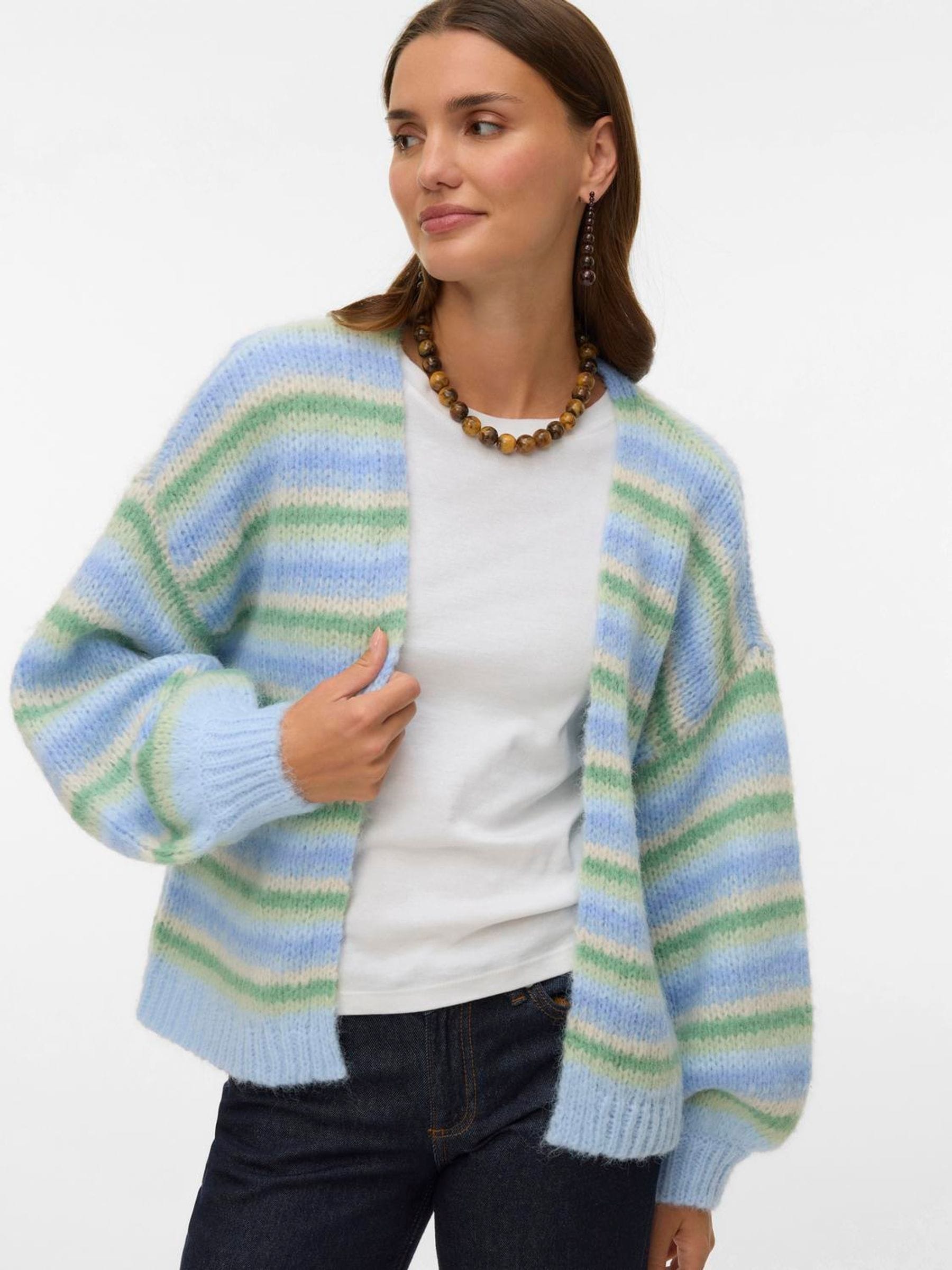 Buy VERO MODA Green/Blue Stripe Long Sleeve Open Cardigan from