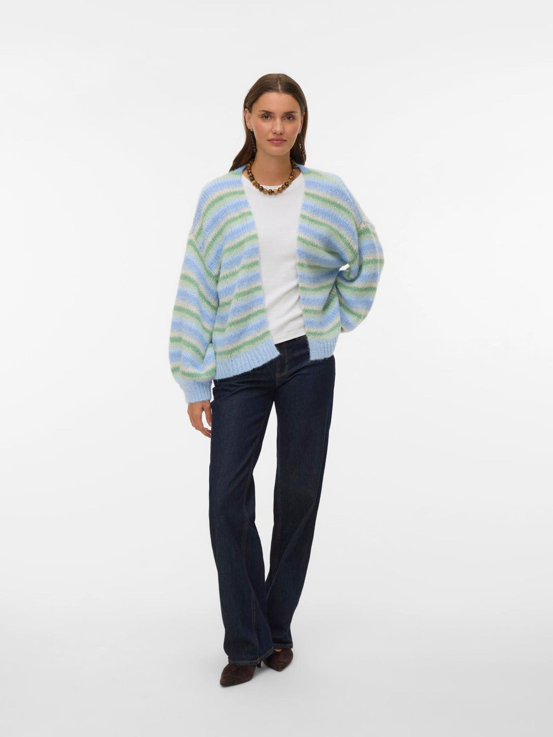 Buy VERO MODA Green/Blue Stripe Long Sleeve Open Cardigan from