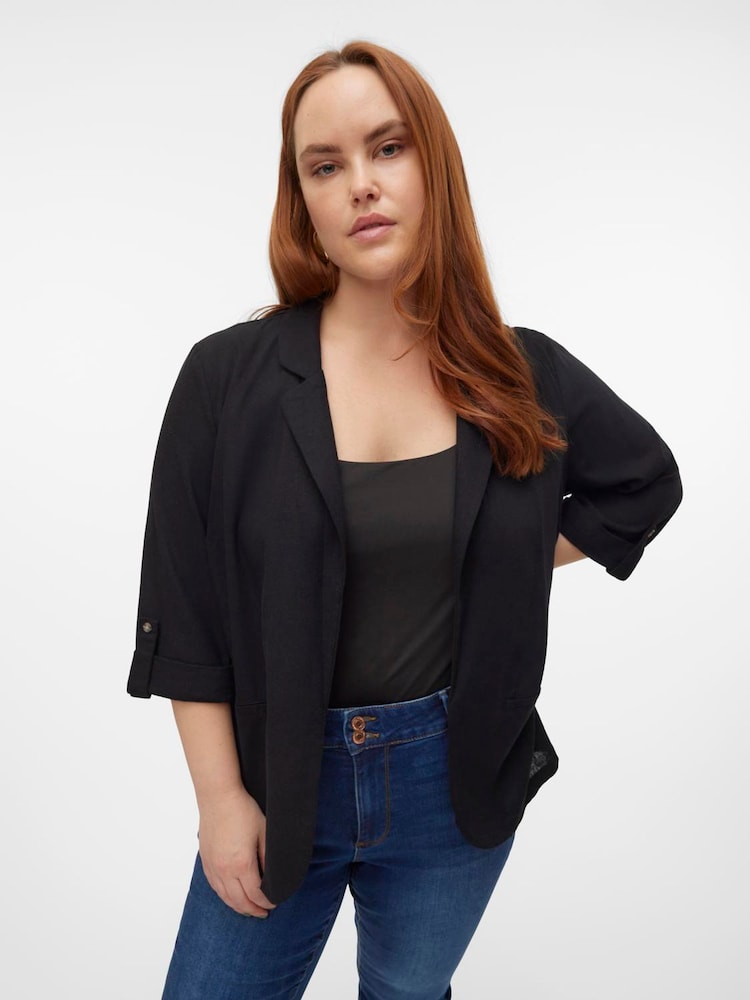 VERO MODA Black Curve Linen Blend 3/4 Sleeve Jacket - Image 1 of 4