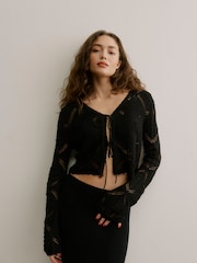 VERO MODA Black V-Neck Tie Detail Crochet Cardigan - Image 1 of 6