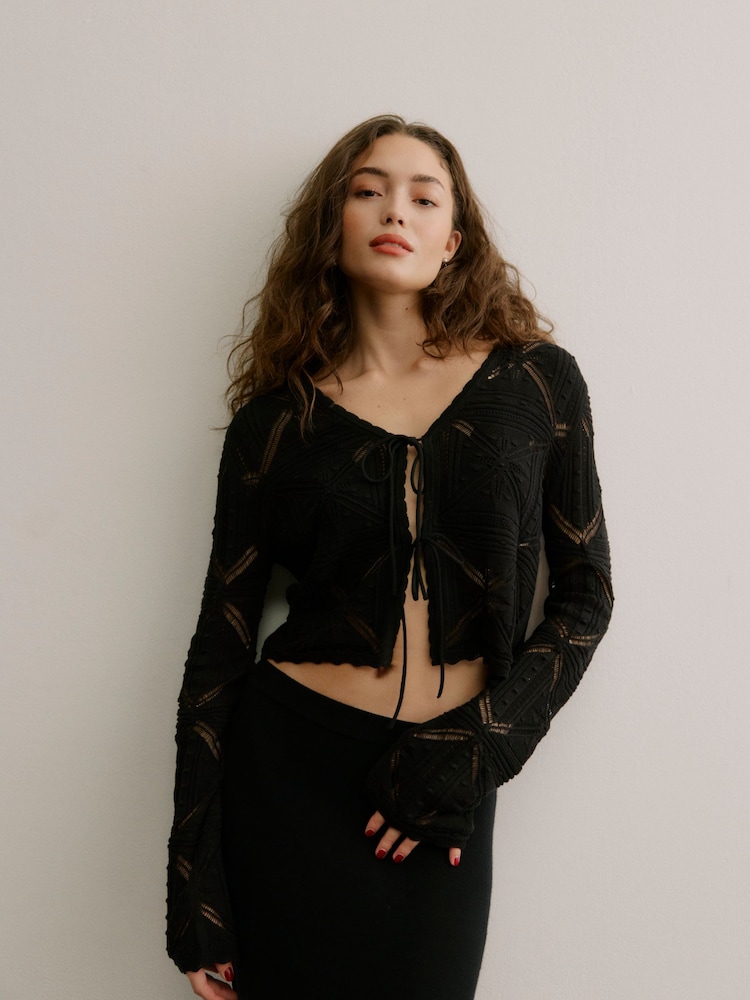 VERO MODA Black V-Neck Tie Detail Crochet Cardigan - Image 1 of 6