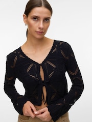 VERO MODA Black V-Neck Tie Detail Crochet Cardigan - Image 3 of 6