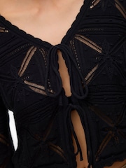 VERO MODA Black V-Neck Tie Detail Crochet Cardigan - Image 4 of 6