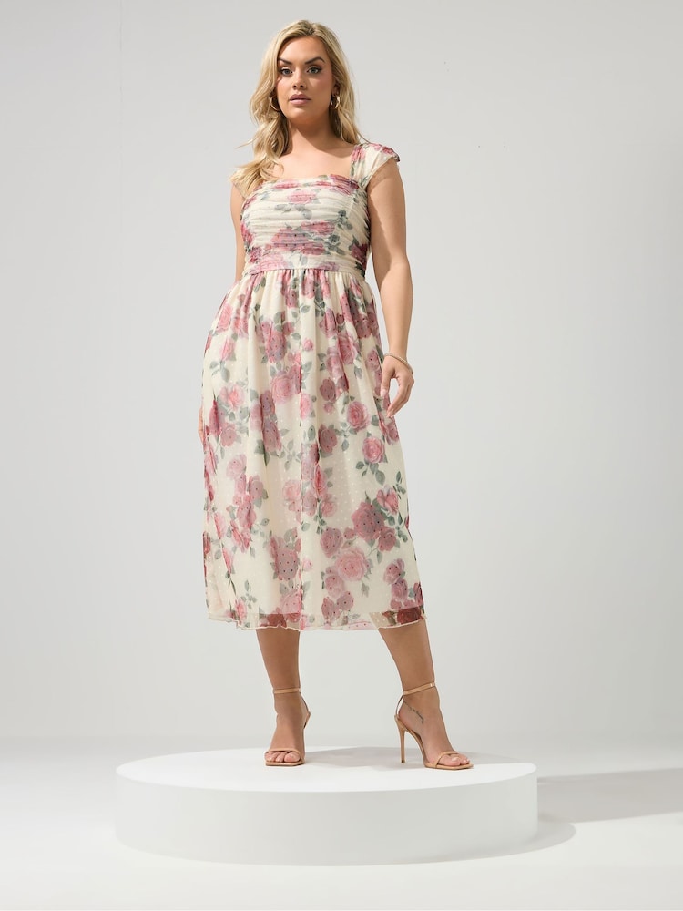 Yours Curve White London Spot Mesh Gathered Skater Dress - Image 1 of 5