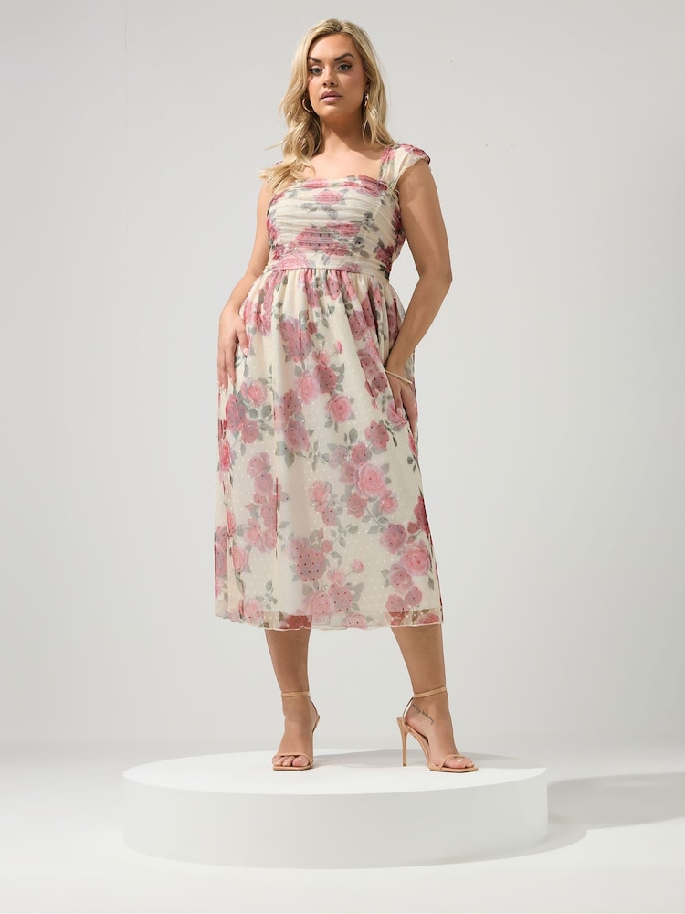 Yours Curve White London Spot Mesh Gathered Skater Dress - Image 2 of 5