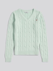 ירקרק מעורפל - .U.S. Polo Assn סוודר בסריגת צמות של צווארון וי - תמונה 5 מתוך 7