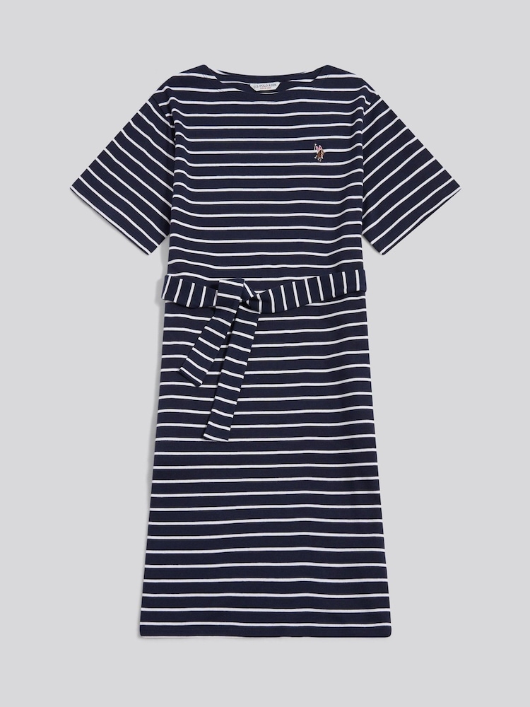 U.S. Polo Assn. Stripe Belted Boat Neck Midi Dress - Bild 1 von 3