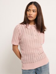 PixieGirl Petite Pink Crochet Polo Top - Image 1 of 5