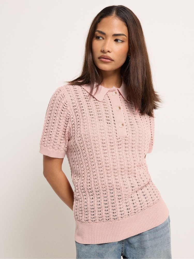 PixieGirl Petite Pink Crochet Polo Top - Image 1 of 5 PixieGirl Petite Pink Crochet Polo Top - Image 1 of 5