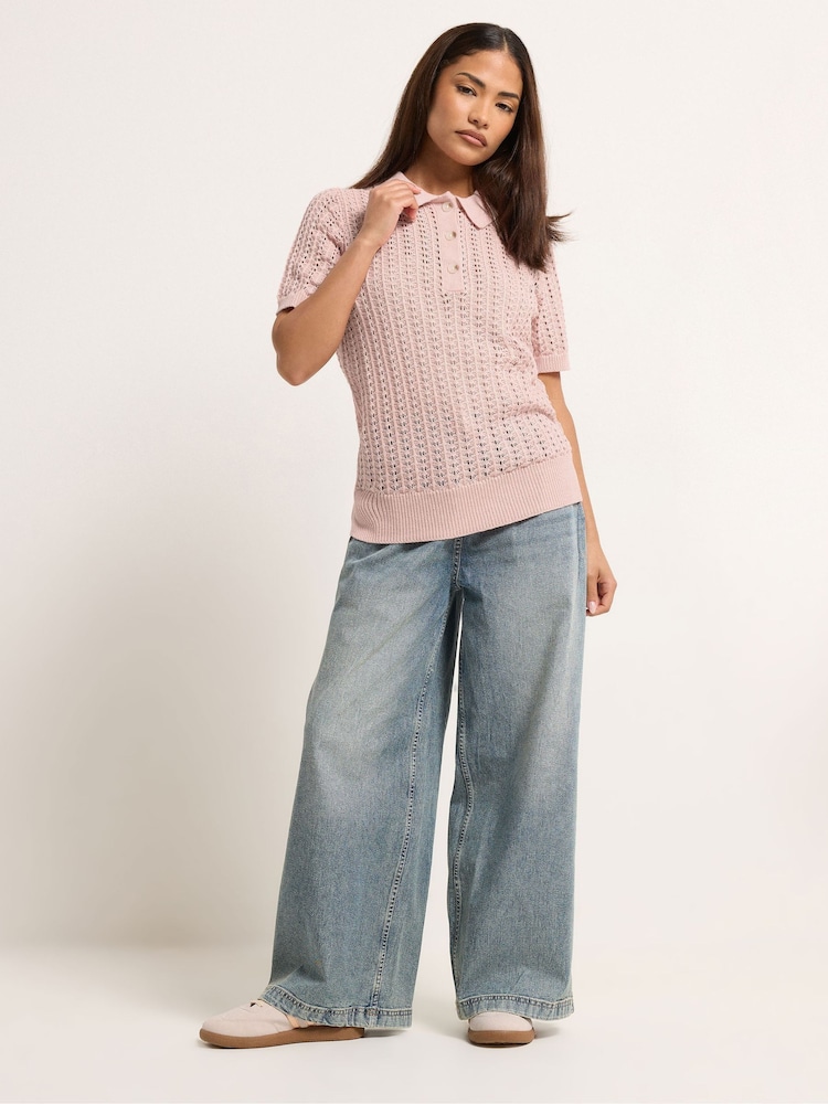 PixieGirl Petite Pink Crochet Polo Top - Image 2 of 5 PixieGirl Petite Pink Crochet Polo Top - Image 2 of 5