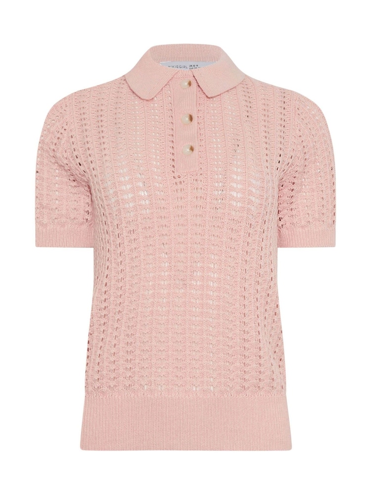 PixieGirl Petite Pink Crochet Polo Top - Image 5 of 5 PixieGirl Petite Pink Crochet Polo Top - Image 5 of 5