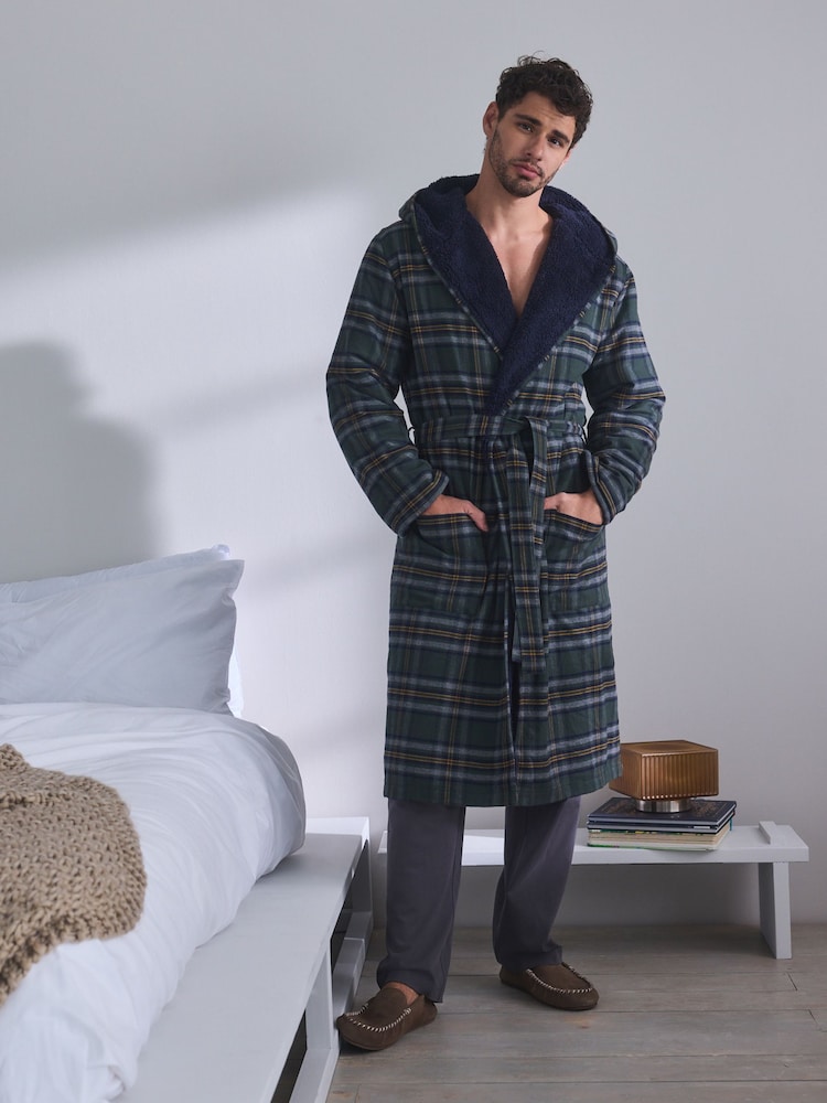 Green Check Borg Lined Dressing Gown - Image 1 of 8 Green Check Borg Lined Dressing Gown - Image 1 of 8